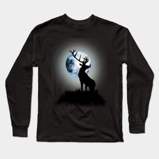 deer illustration and blue moon Long Sleeve T-Shirt